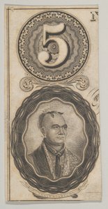 Seddelmotiver: tallet 5 og et portrett av Thayendanegea, ca. 1824-37.