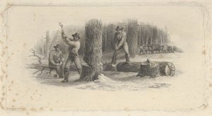 Seddelvignett som viser skogsmenn som feller trær i en snødekt skog, ca. 1824-37.