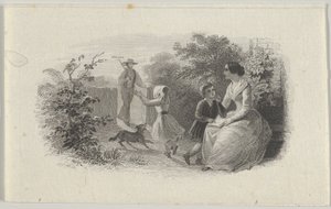 Seddelvignett med familie i en hage, ca. 1824-37.