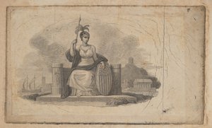Seddelvignett med kvinneskikkelse som representerer Amerika, ca. 1824-37.