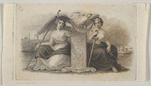 Seddelvignett med kvinnelige figurer som representerer Liberty and Justice, ca. 1824-37.