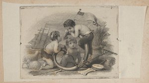 Seddelvignett med tre putti som gjeter, bonde og sjømann, ca. 1824-37.