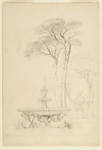 Utsikt over Hippocampus-fontenen - Fontana de' Cavalli Marini av Cristoforo Unterberger, 1791 - i Borghese-hagene, Roma, Italia, 1841 (grafitt på papir) av Asher Brown Durand