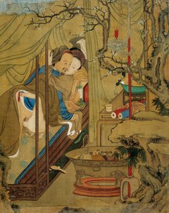 Asiatisk kunst: erotisk scene. Et par under kjærlighetshandlingen i en seng. Maleri på silke fra 1700-tallet. Privat samling
