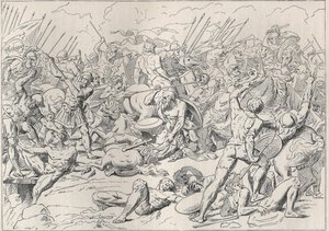 Peloponnes-krigen: Slaget ved Potidee (La battaglia di Potidea) der den greske filosofen Sokrates reddet livet hans i Alcibiade. (Engraving d