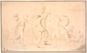 Bakkanal. En satyr, en bakkant og tre bakkantinder danser om Priapsherme