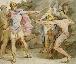 Philoctetes sikter mot Ulysses med Hercules-buen - Verk av Asmus Jacob Carstens (1754-1798), Blekk og akvarell på papir (49,5x58,5 cm)