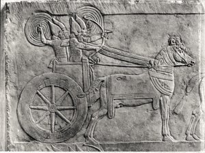 Fragment av et relieff som viser den assyriske hæren i kamp, fra Palace of Ashurbanipal i Nineveh, ca. 645 f.Kr. steindetalj av 161334 bw foto av Assyrian
