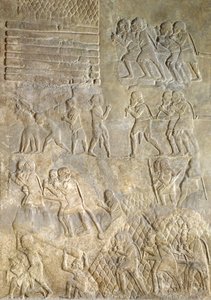 Relieff som viser bærere som bringer ved til kysten for transport til sjøs. fra Palace of Sargon II, Khorsabad, Irak