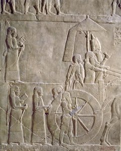 Relieff som viser vognen til kong Ashurbanipal og Elamittiske fanger, episoder av Elam-kampanjen, fra Assurbanipal-palasset i Nineve, ca. 645 f.Kr. (sigøyneralabast)