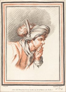 Hodet til en mann som bærer en plymet turban av Atelier of Gilles Demarteau the Elder after Carle Van Loo