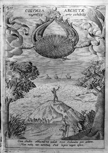 Archytas av Taranto (435-347 f.Kr.) flyr en tredue. Gravering fra "Mundus Subterraneus" av Athanasius Kircher (1601-1680), jesuite, orientalist og lærd. av Athanasius Kircher