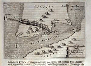 Kartografisk representasjon av Charybde"" og "Scylla"" i Detroit of Messina, Sicilia""" Gravering fra "Mundus Subterraneus"" av Athanasius Kircher (1601-1680), jesuite, orientalist og lærd 1682