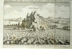 Utsikt over bergartene "" Charybde"" og "" Scylla"" i Detroit of Messina, Sicilia""" Gravering fra "" Mundus Subterraneus"" av Athanasius Kircher (1601-1680), jesuite, orientalist o av Athanasius Kircher