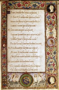 Side fra manuskriptet til #39;Il Canzoniere#39; av Francesco Petrarca (1304-1374). Miniatyr av Attavante degli Attavanti (1452-1525), Biblioteca Nazionale, Firenze av Attavante di Gabriello di Vanti di Bartolo