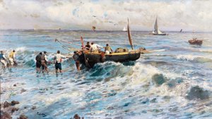 Sjølandskap med fiskere av Attilio Pratella