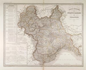 Sardinske stater på fastlandet. Kart av Attilio Zuccagni-Orlandini, hentet fra Geographic Atlas of Italian States, Firenze, gravering på kobber av Attilio Zuccagni Orlandini