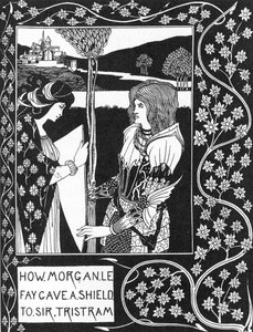 Arthurian Legend: "" Gebyret Morgane gir et skjold til Tristan""" Gravering i "Historien om Tristan og hans eventyr, som inkluderer kjærlighetshistorien hans med Isolde"" "The Morte of Arthur"" av Sir Thomas Malory, utgave illustrert av Aubrey ga Beardsley av Aubrey Beardsley