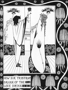 Arthurian Legend: "" Tristan drinking the love philtre""" Gravering i "" Historien om Tristan og hans eventyr, som inkluderer hans kjærlighetshistorie med Isolde"""" fra Sir Thomas Malory, utgave illustrert av Aubrey Beardsley (1872-1898) ) 1893-1894 (Arth av Aubrey Beardsley