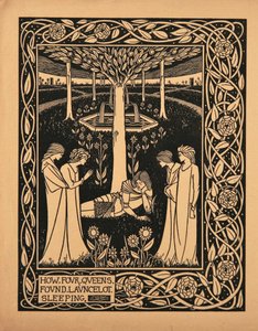 Hvordan fire dronninger fant Lancelot sovende. Illustrasjon til boken Le Morte dArthur av Sir Thomas av Aubrey Beardsley