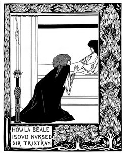 Hvordan La Beale Isoud ammet Sir Tristram. Illustrasjon til boken Le Morte dArthur av Sir Thomas M av Aubrey Beardsley