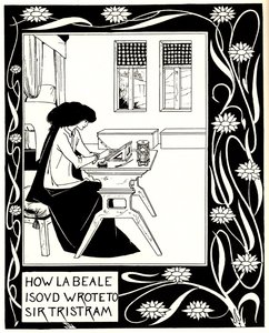 Hvordan La Beale Isoud skrev til Sir Tristram. Illustrasjon til boken Le Morte dArthur av Sir Thomas av Aubrey Beardsley