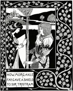 Hvordan Morgan le Fay ga et skjold til Sir Tristram, illustrasjon fra 'Le Morte d'Arthur' av Sir Thomas Malory, 1894 av Aubrey Beardsley