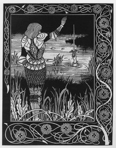 Hvordan Sir Bedivere kastet sverdet Excalibur i vannet, en illustrasjon fra 