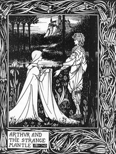Kong Arthur mottar besøk av en ung jente sendt av gebyret Morgane (Kong Arthur og den merkelige mantelen sendt av Morgan the fay) Illustrasjon av Aubrey Beardsley (1872-1898) fra Thomas Malorys "The Death of Arthur" av Aubrey Beardsley