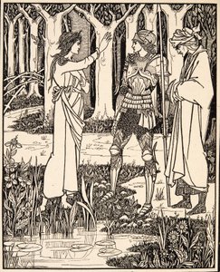 Fruen fra innsjøen forteller Arthur om sverdet Excalibur, 1894 (gravering) av Aubrey Beardsley