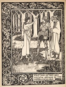 Fruen fra innsjøen forteller Arthur om sverdet Excalibur av Aubrey Beardsley