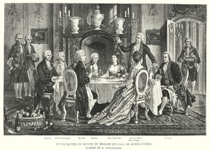 En bankett til ære for Mozart i Schikaneders hus (litho) av August (after) Borckmann