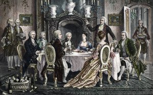 Middag hjemme hos Emanuel Schikaneders for Wolfgang Amadeus Mozart av August (after) Borckmann
