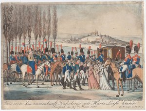 Napoleon introduserer keiserinne Marie-Luise for familien sin utenfor paviljongen nær Soissons av August Friedrich Andreas Campe
