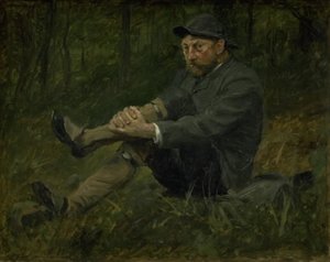 Arkitekten Thorvald Bindesbøll i en granskog på Kullen av August Jerndorff