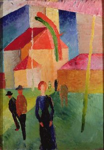 Kirke dekorert med flagg (olje på lerret) av August Macke
