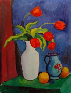Røde tulipaner i hvit vase av August Macke