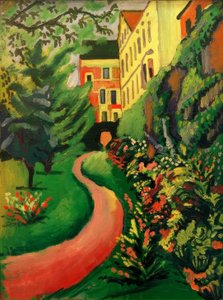 Hagen vår med blomstrende border av August Macke