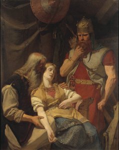 Orvar Oddr annonce a Ingeborg la mort de Hjalmar - Oervar-Oddr informerer Ingeborg om Hjalmars død, av Malmstrom, August (1829-1901). Olje på lerret