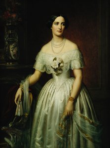 Portrett av en dame som står tre-kvarts lengde iført en hvit kjole, 1851 og 1876