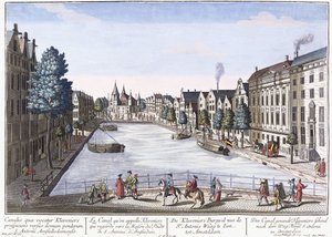 Vue av Kleveniers Canal, Amsterdam, ca. 1740-1770 (håndfarget gravering) av August Vindel