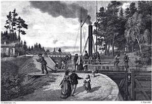Utsikt over Juustila-slusen i Finland, 1873