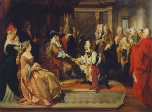 Keiser Charles VI overleverer æressverdet til prins Eugene etter slaget ved Beograd, 1865 av August Wenzel Mantler