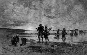 Great maree in the Channel (19th century): fishermen of shells on a beach. Engraving after the painting by Hagborg Auguste Wilhem Nikolaus (1852-1921/1925) in “The Illustrous World” n°1219 of August 7 av August Wilhelm Nikolaus Hagborg