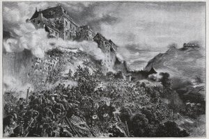 Den ungarske revolusjonen 1848-1849: Ungarske opprørere stormer Buda (ovns)-slottet 21. mai 1849 - etter litografi av August von Pettenkofer av August Xaver Karl von Pettenkofen