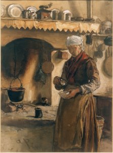 Italiensk bondekvinne ved komfyren