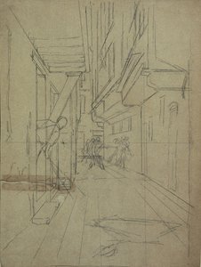 Perspektivskisse for "Street Fight in a Venetian Alley" av August von Pettenkofen