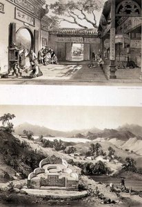 Innvendig utsikt over det store tempelet i Macao og en grav og landsby mellom buktene i Hong Kong og Cowloon, plate 8 og 7 fra 