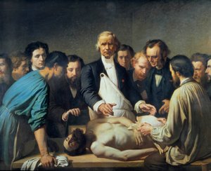 Doktor Alfred Velleau (1795-1867) ved Charity vil gå videre til en obduksjon. En lege omringet av studentene sine som er forberedt på å gripe inn på et lik. Maleri av Francois Feyen Perrin (1826-1888). 1800-tallet. Tours musee des Beaux Arts - Alfred Velpe av Auguste (after) Feyen Perrin