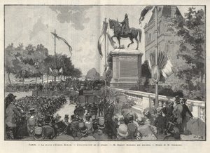 Paris - - Tale av Mr. Darlot under innvielsen 15. juli 1888 på Hotel de Ville de Paris av statuen av Etienne Marcel - Tegning av Gerardin i "The Illustrous World" fra 1888 av Auguste (after) Gerardin